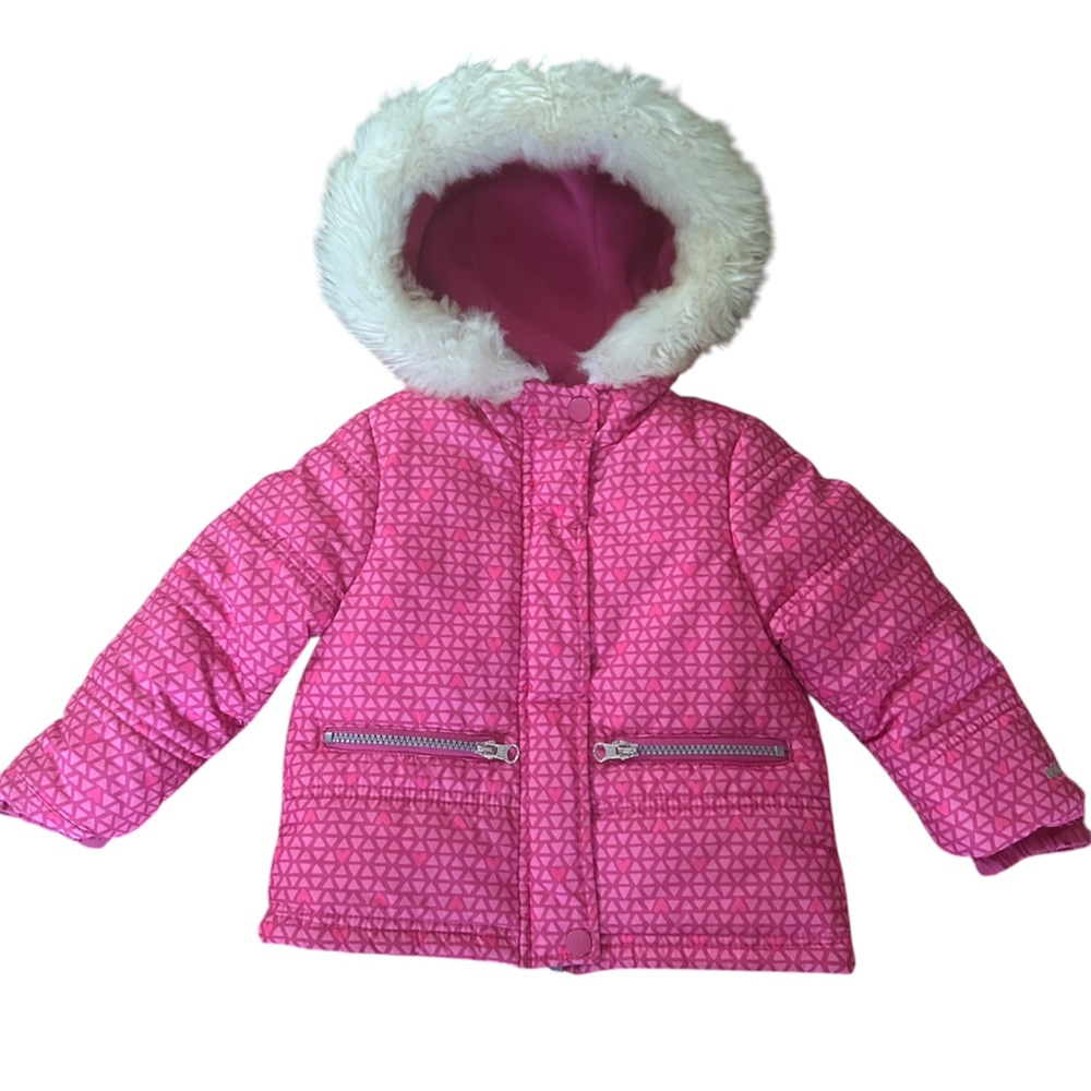 OshKosh B’gosh Girls Pink Geometric Faux Fur Hood Puffer Coat 2T